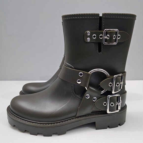 NEW Jeffrey Campbell Controller Rain Boot Sz 10 Olive Green Rubber Moto Harness - Picture 12 of 12